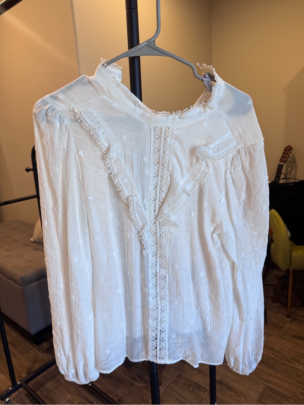 Zara White Lace-Trim Long Sleeve Blouse
